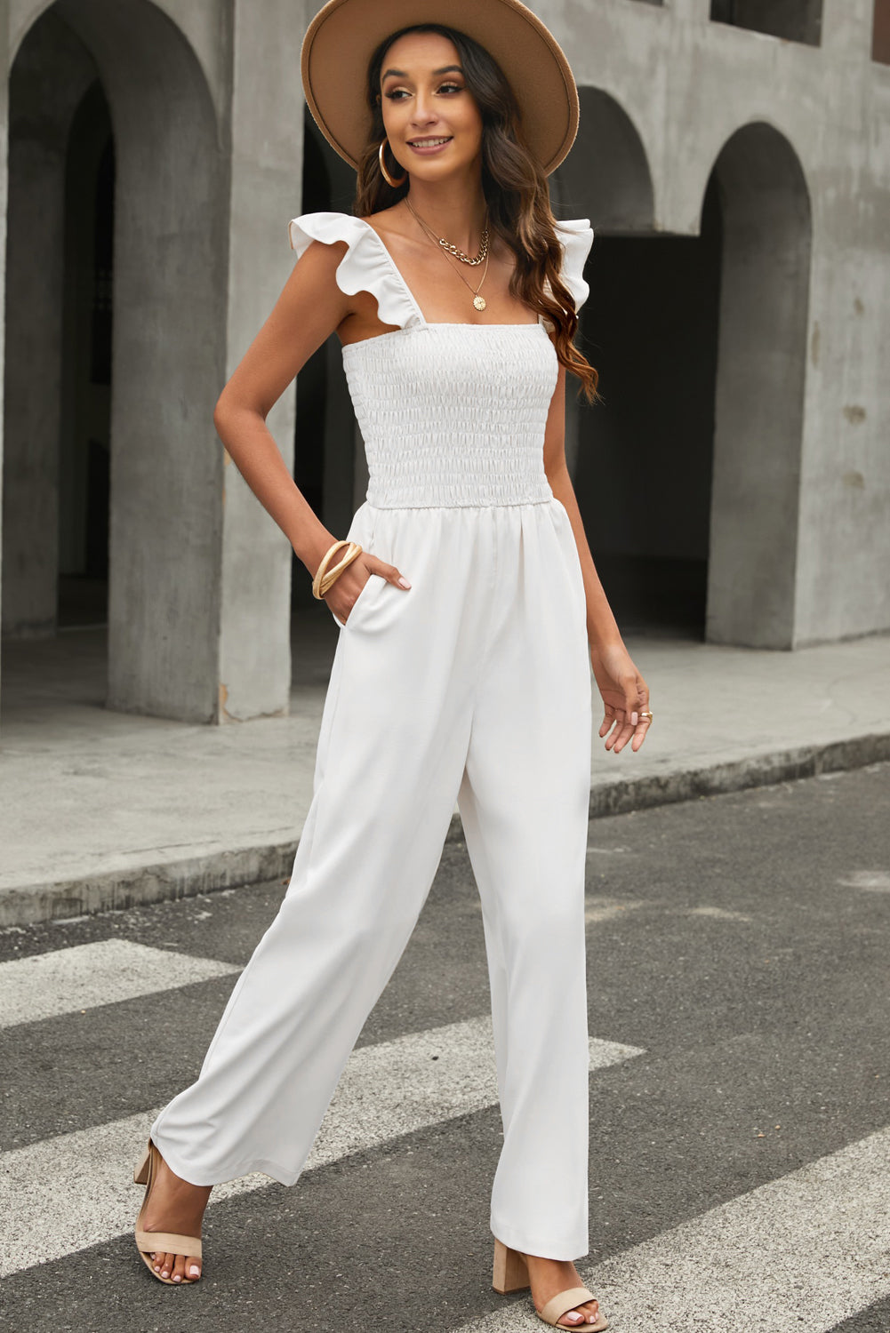 White Smocked Ruffle Strap Pocket Wide Leg Jumpsuit 