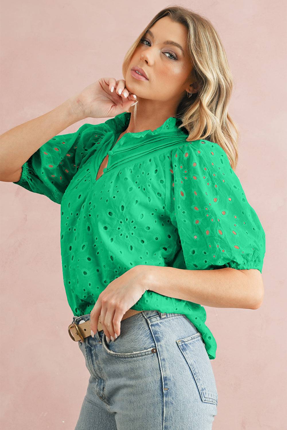 Green Flower Hollow-out Short Puff Sleeve Blouse 