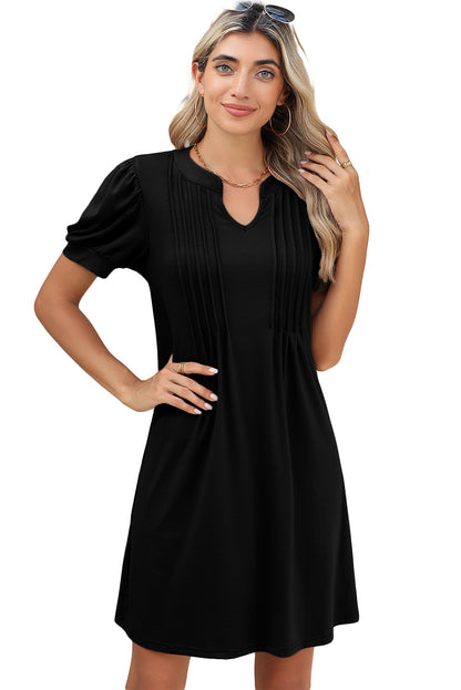 Fern Green Notched Neck Puff Sleeve Pleated T Shirt Dress 