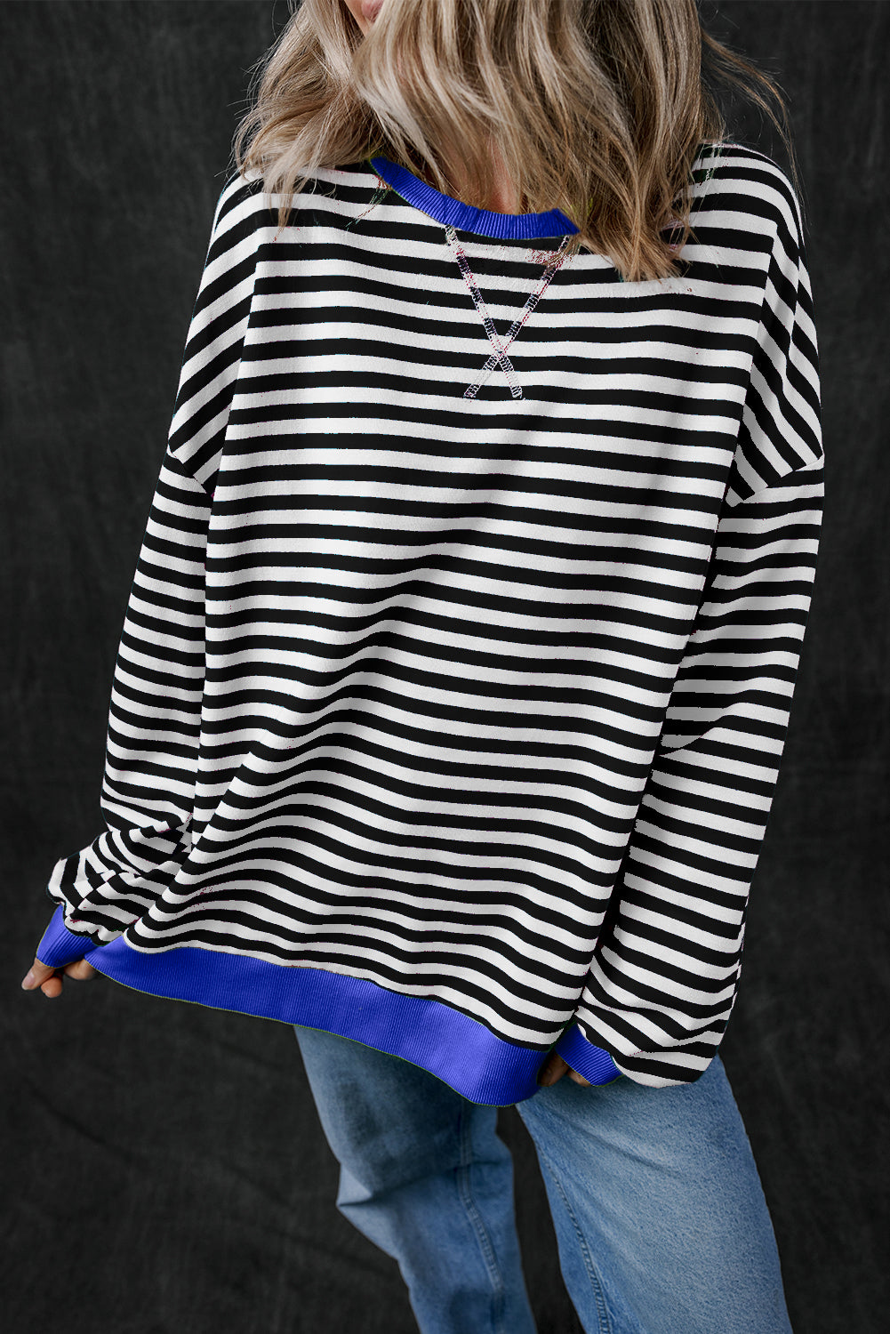 Blue Stripe Contrast Edge Cross Seam Oversized Pullover 