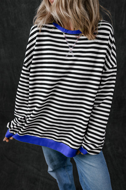 Blue Stripe Contrast Edge Cross Seam Oversized Pullover 