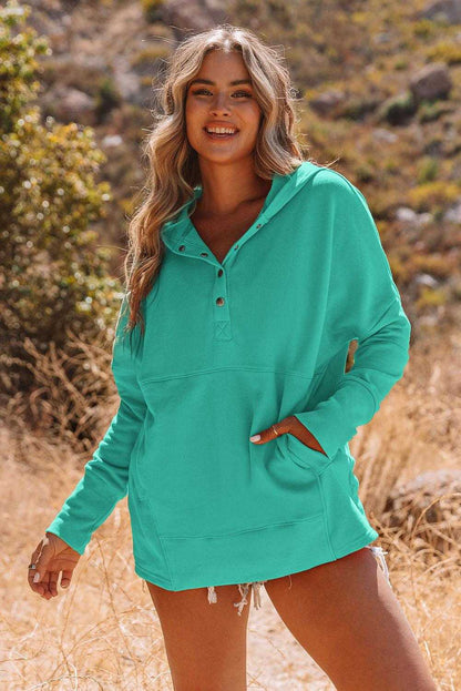 Light Blue Casual Batwing Sleeve Pocket Henley Hoodie 