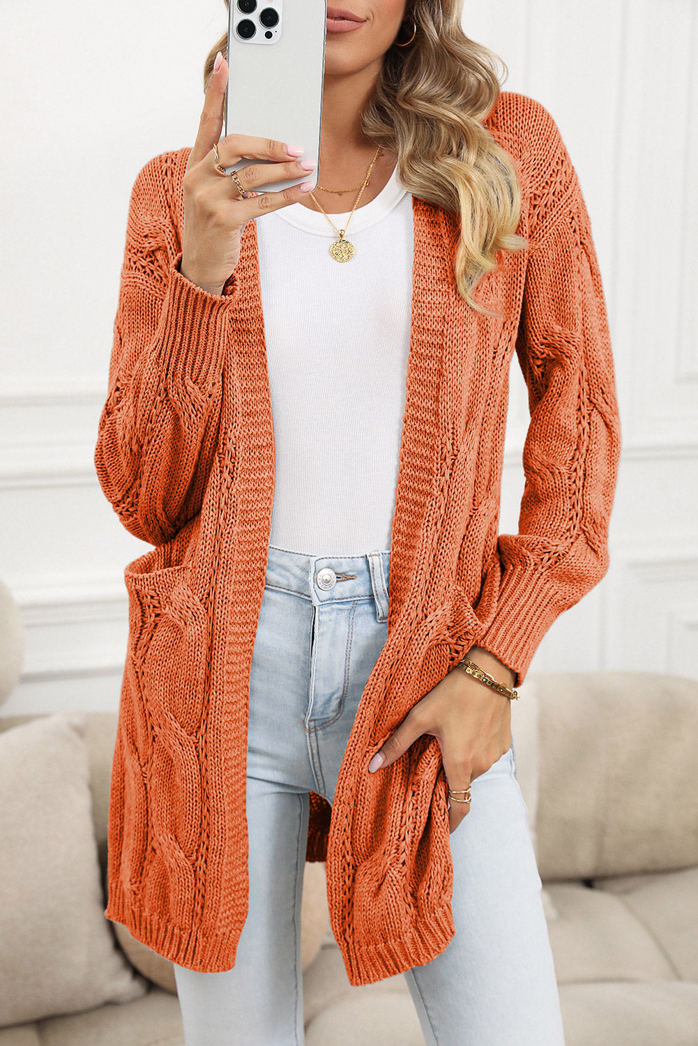 Red Ribbed Trim Hollow Knit Side Slits Cardigan 