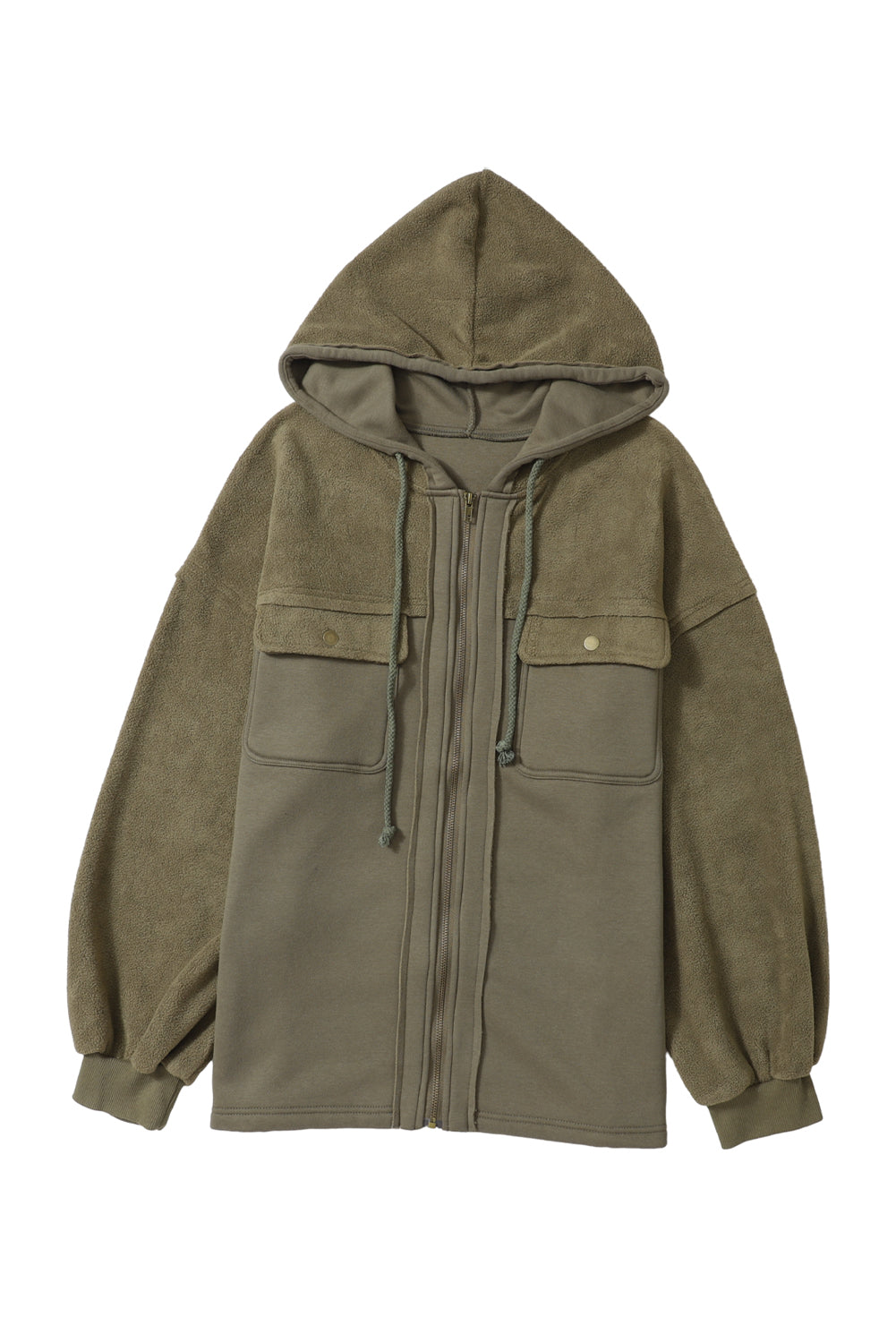 Green Flap Pockets Bishop Sleeve Zip Up Hoodie Jacket 