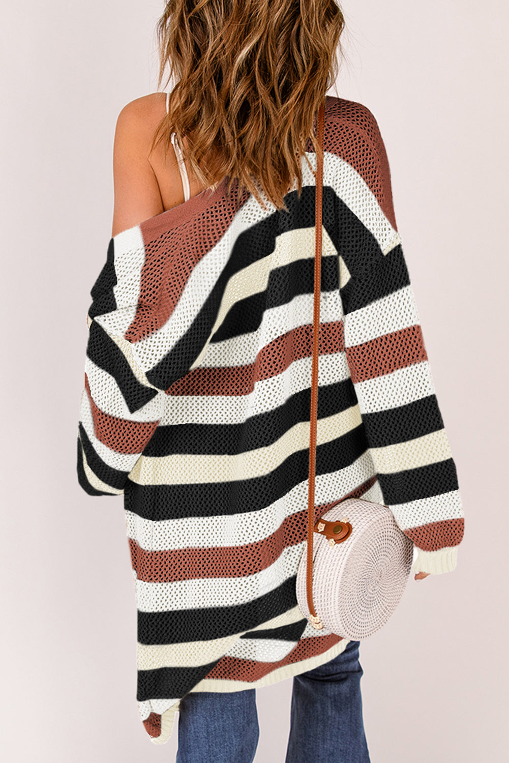 Green Striped Color Block Casual Cutout Knit Cardigan 