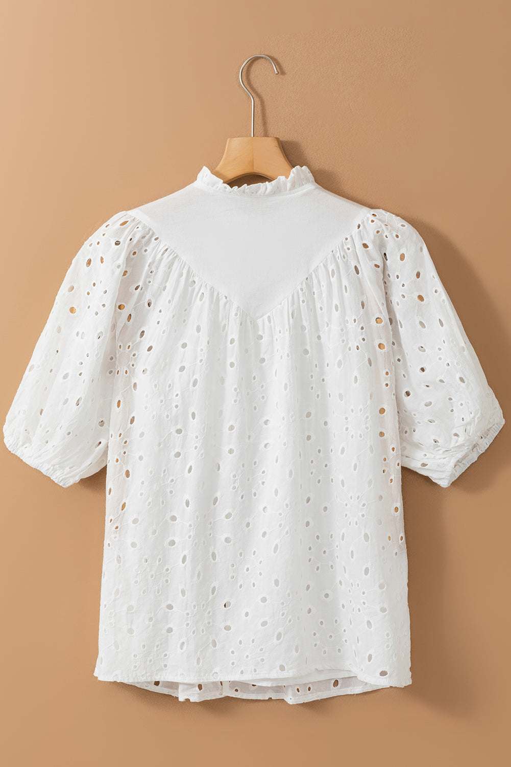 Green Flower Hollow-out Short Puff Sleeve Blouse 