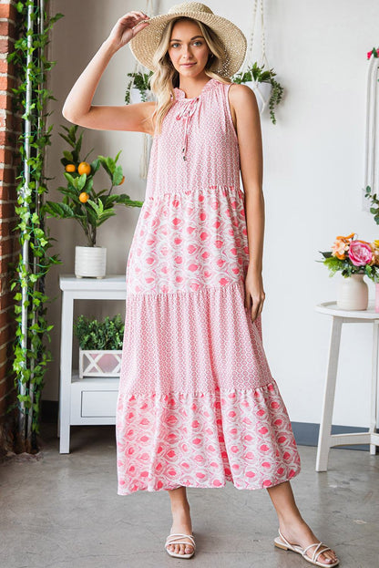 Pink Abstract Sleeveless V Neck Summer Tiered Dress 