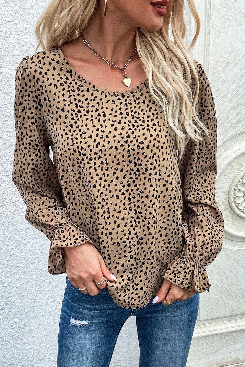 Leopard Print Ruffle Long Sleeve Blouse - Vesteeto