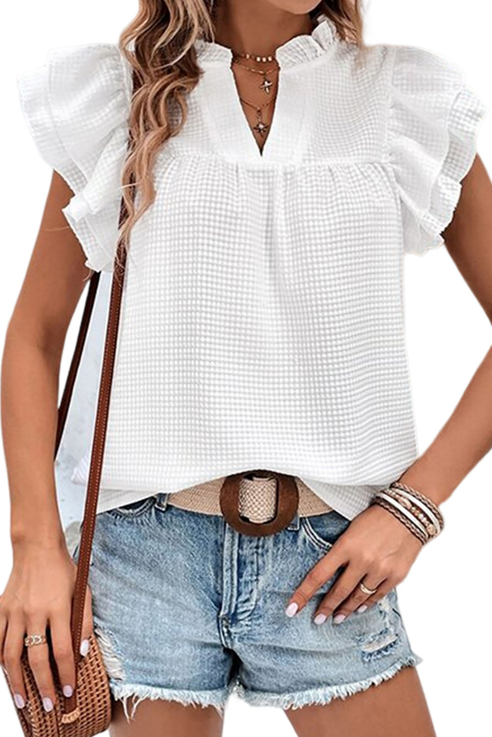 White Basic Textured Tiered Ruffle Sleeve Blouse for Women 