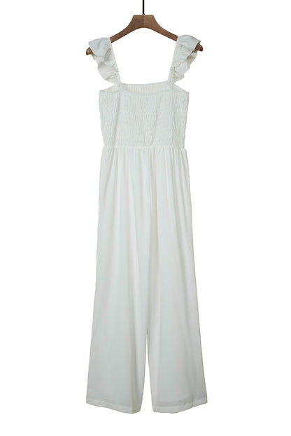 White Smocked Ruffle Strap Pocket Wide Leg Jumpsuit 