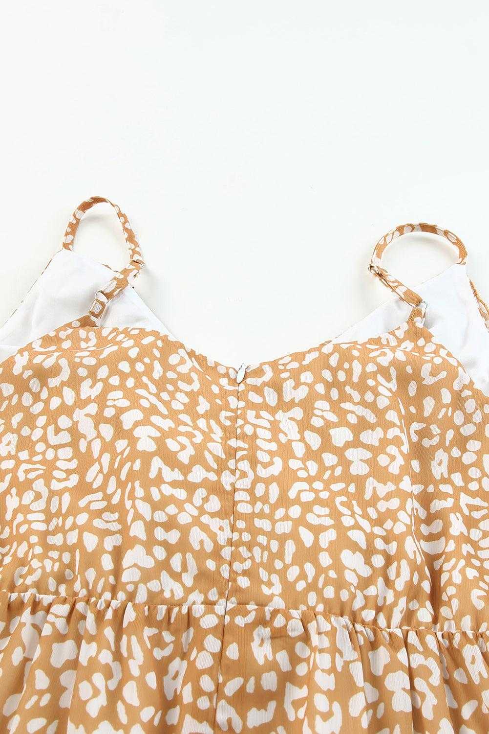 Yellow Leopard Print Drawstring Ruffled Wrap V Neck Jumpsuit - Vesteeto