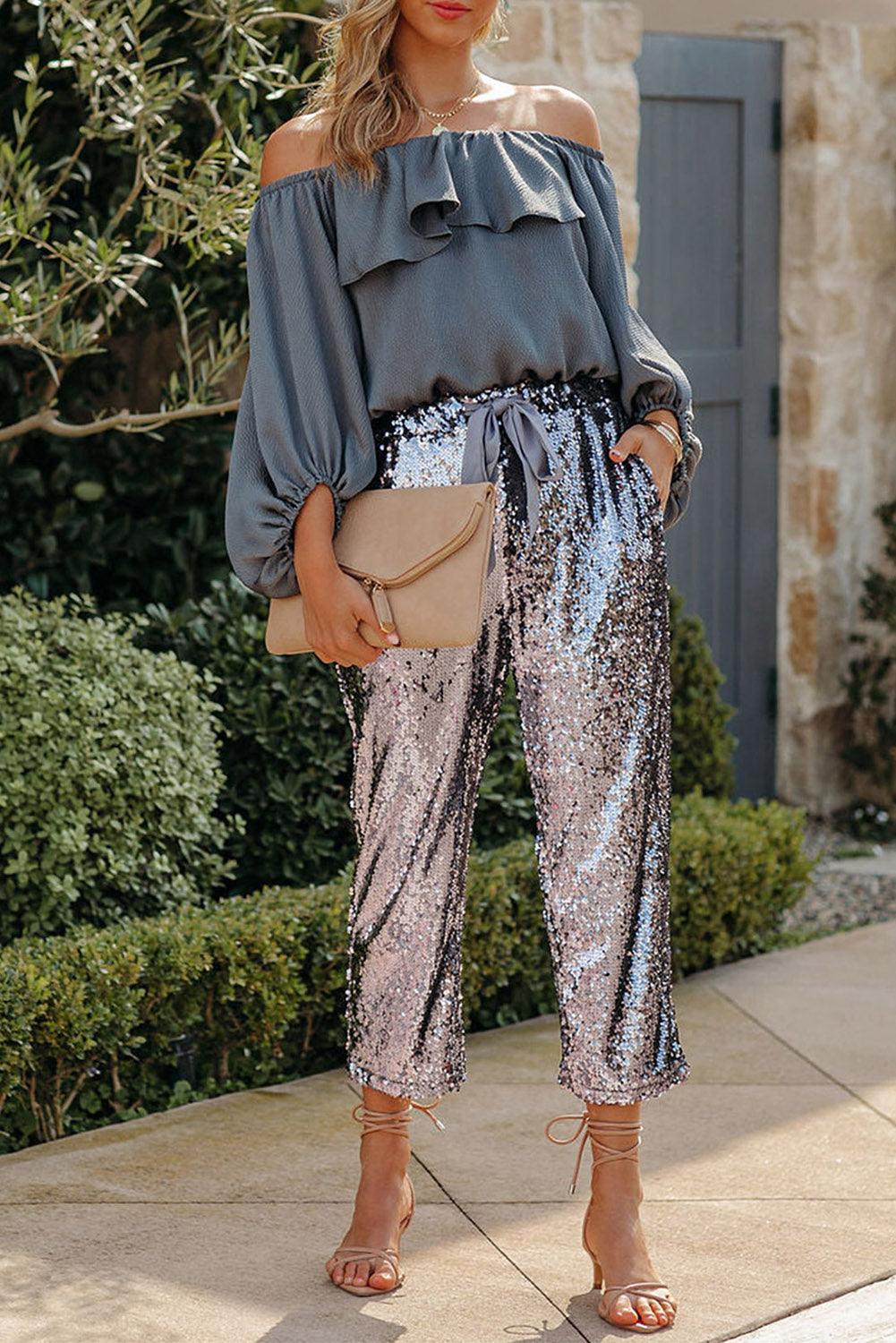 Silver High Waisted Drawstring Cropped Sequin Pants - Vesteeto