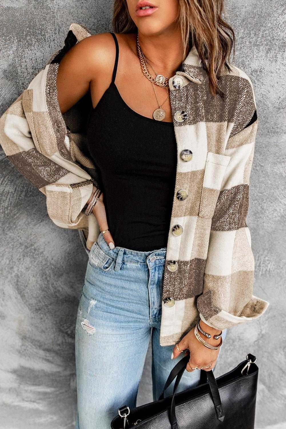 Plaid Color Block Buttoned Pocket Long Sleeve Shacket 