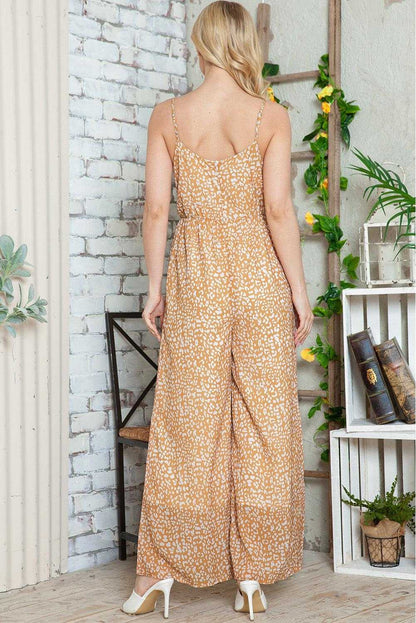 Yellow Leopard Print Drawstring Ruffled Wrap V Neck Jumpsuit - Vesteeto