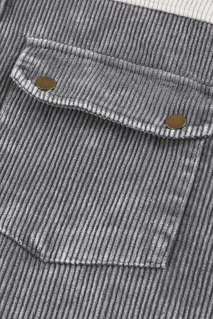 Gray Colorblock Raw Hem Patchwork Hooded Corduroy Jacket - Vesteeto