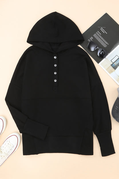 Black Casual Pocketed Batwing Sleeve Henley Hoodie 