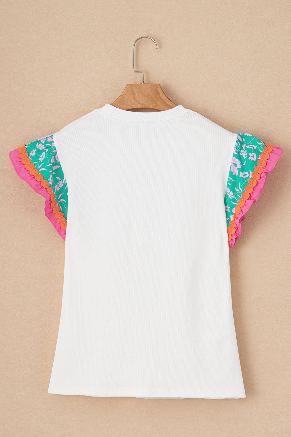 White Color Block Floral Print Ruffle Sleeve Blouse 