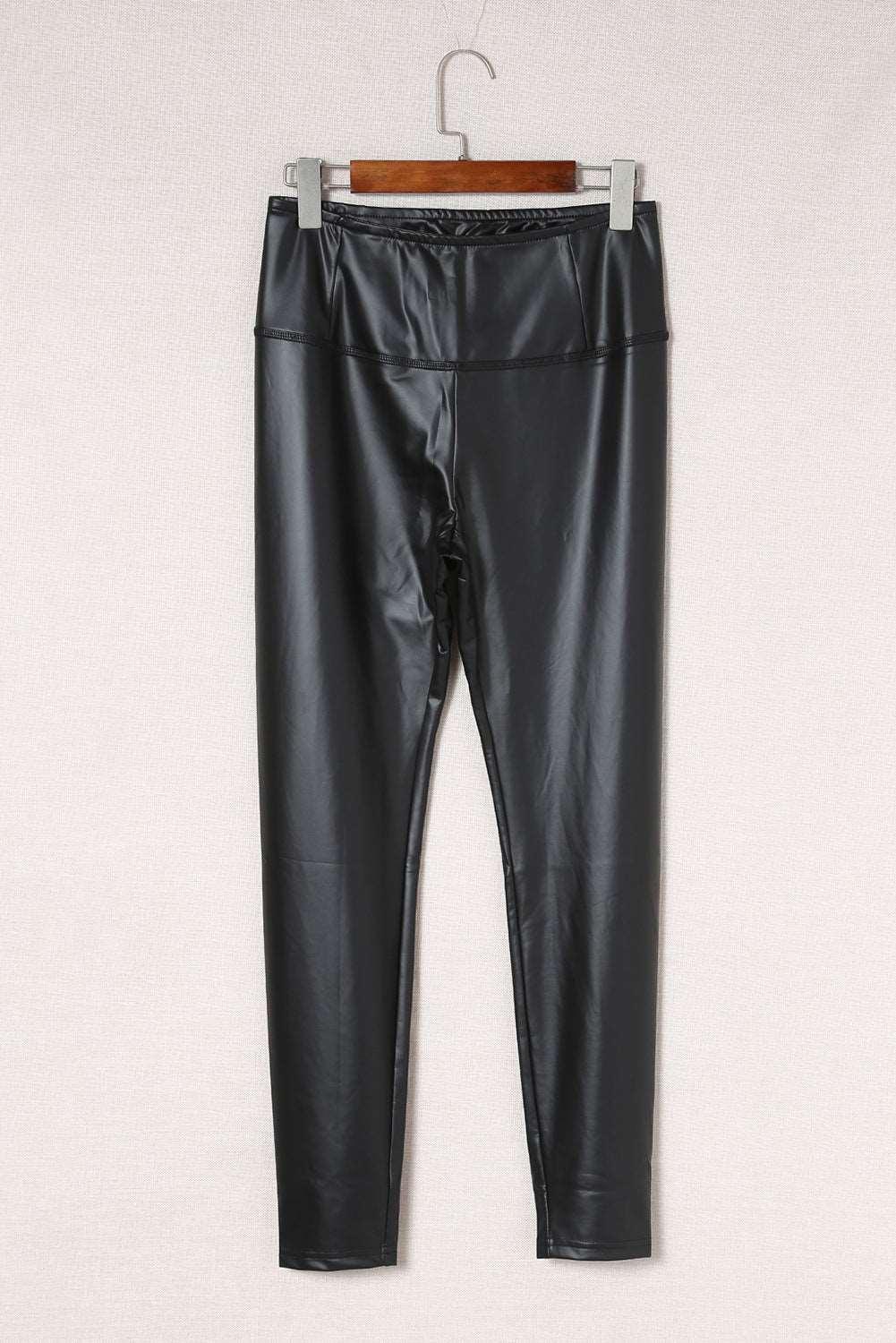 Black Faux Leather Casual High Waisted Leggings - Vesteeto