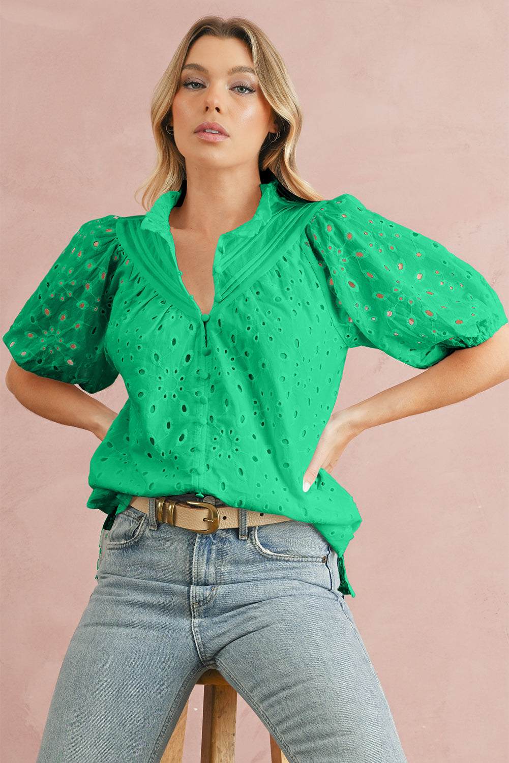 Green Flower Hollow-out Short Puff Sleeve Blouse 