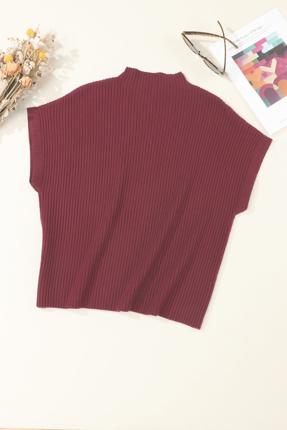 Pink Patch Pocket Ribbed Knit Short Sleeve Sweater 