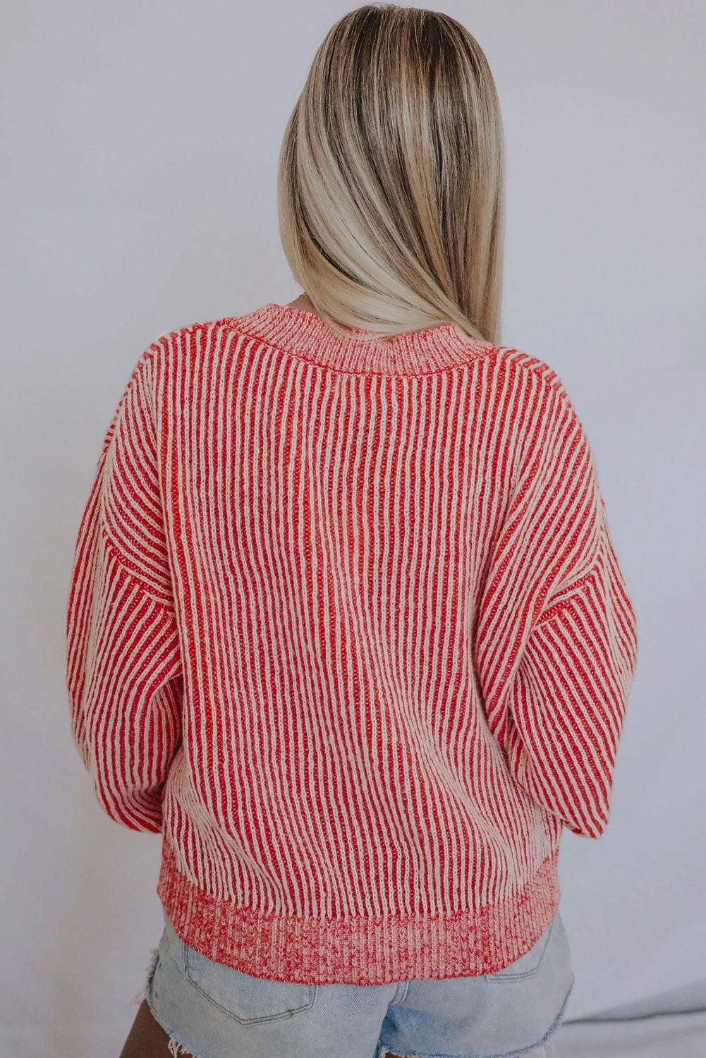 Red Casual Stripe Print Round Neck Sweater - Vesteeto
