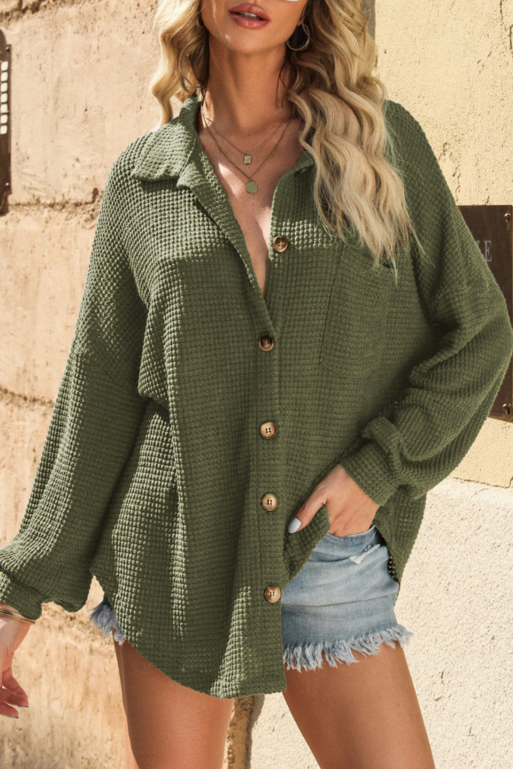 Green Waffle Knit Pocket Button Front Shacket 