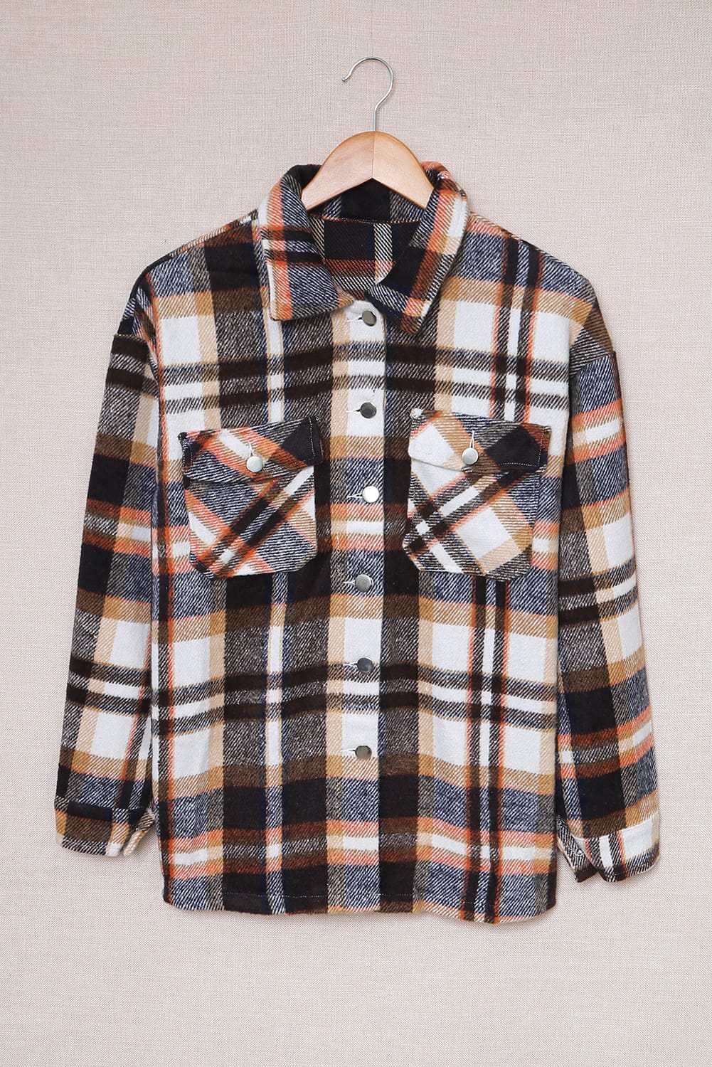 Brown Plaid Button Up Long Sleeve Flannel Shacket 