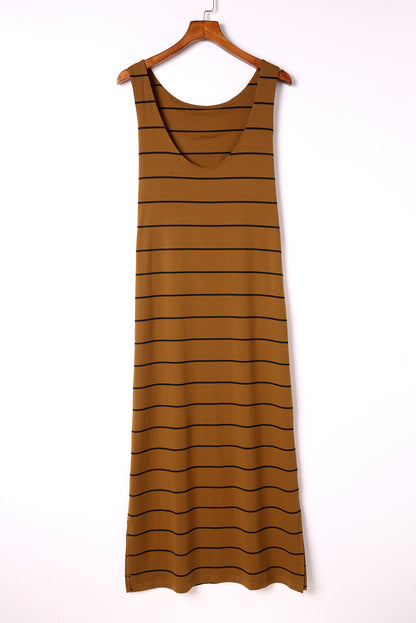 Khaki Striped Backless Casual Side Slits Maxi Dress