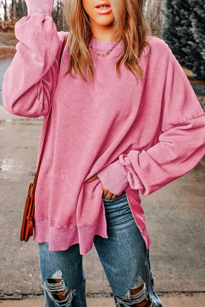 Pink Plain Drop Shoulder Ribbed Trim Oversized Sweatshirt 