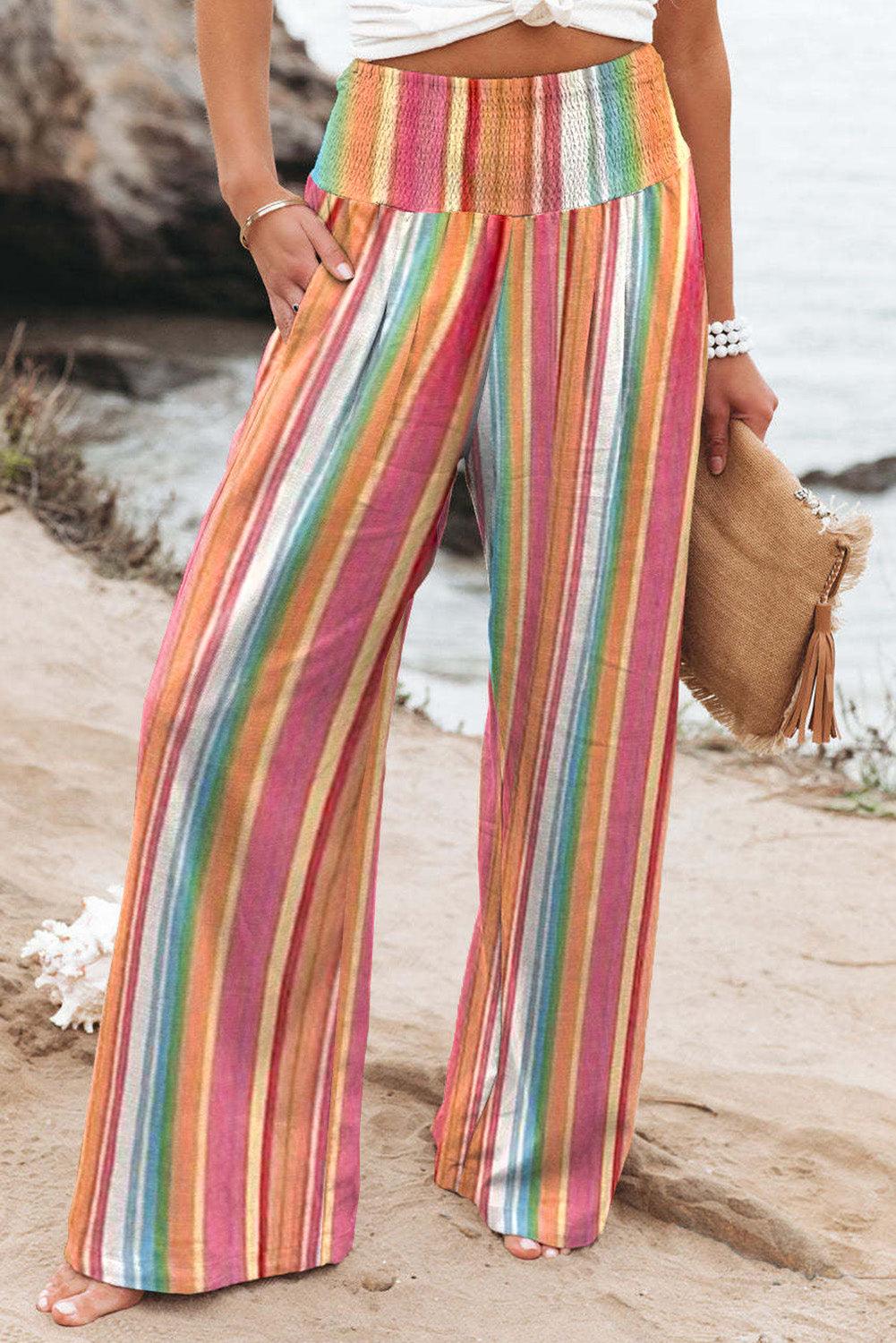 Multicolor Striped Smocked High Waisted Wide Leg Beach Pants - Vesteeto