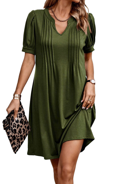 Fern Green Notched Neck Puff Sleeve Pleated T Shirt Dress 