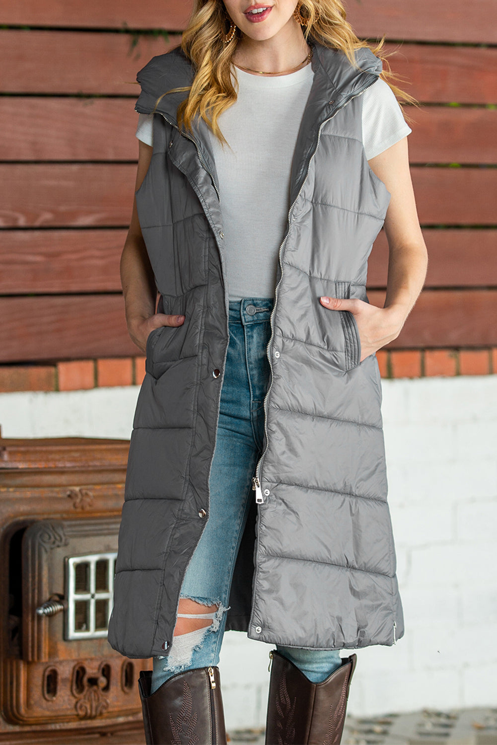 Dark Grey Hooded Pocketed Quilted Long Vest Coat 