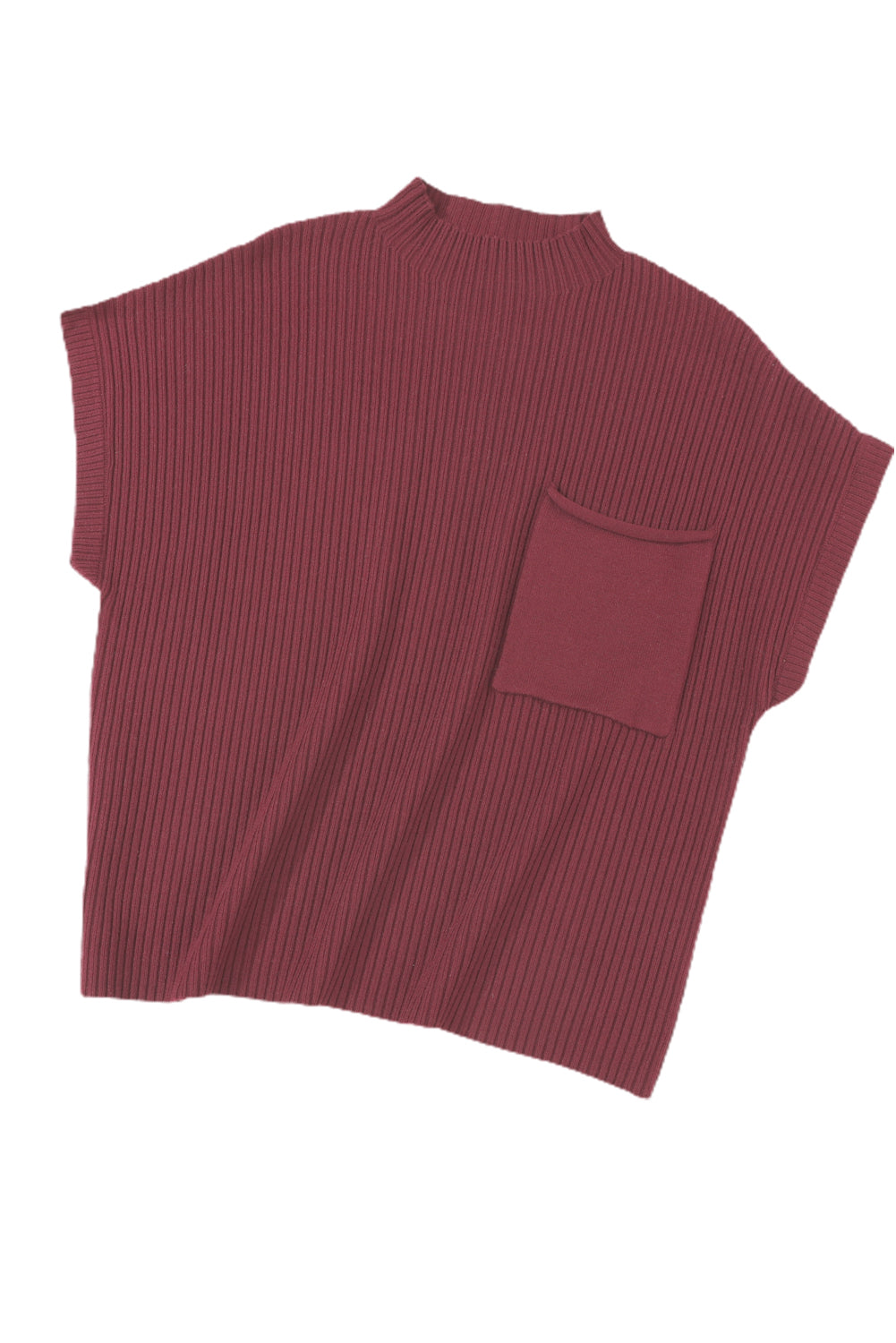 Pink Patch Pocket Ribbed Knit Short Sleeve Sweater 