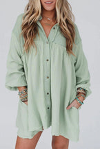 green patchwork crinkled puff sleeve raw hem dress