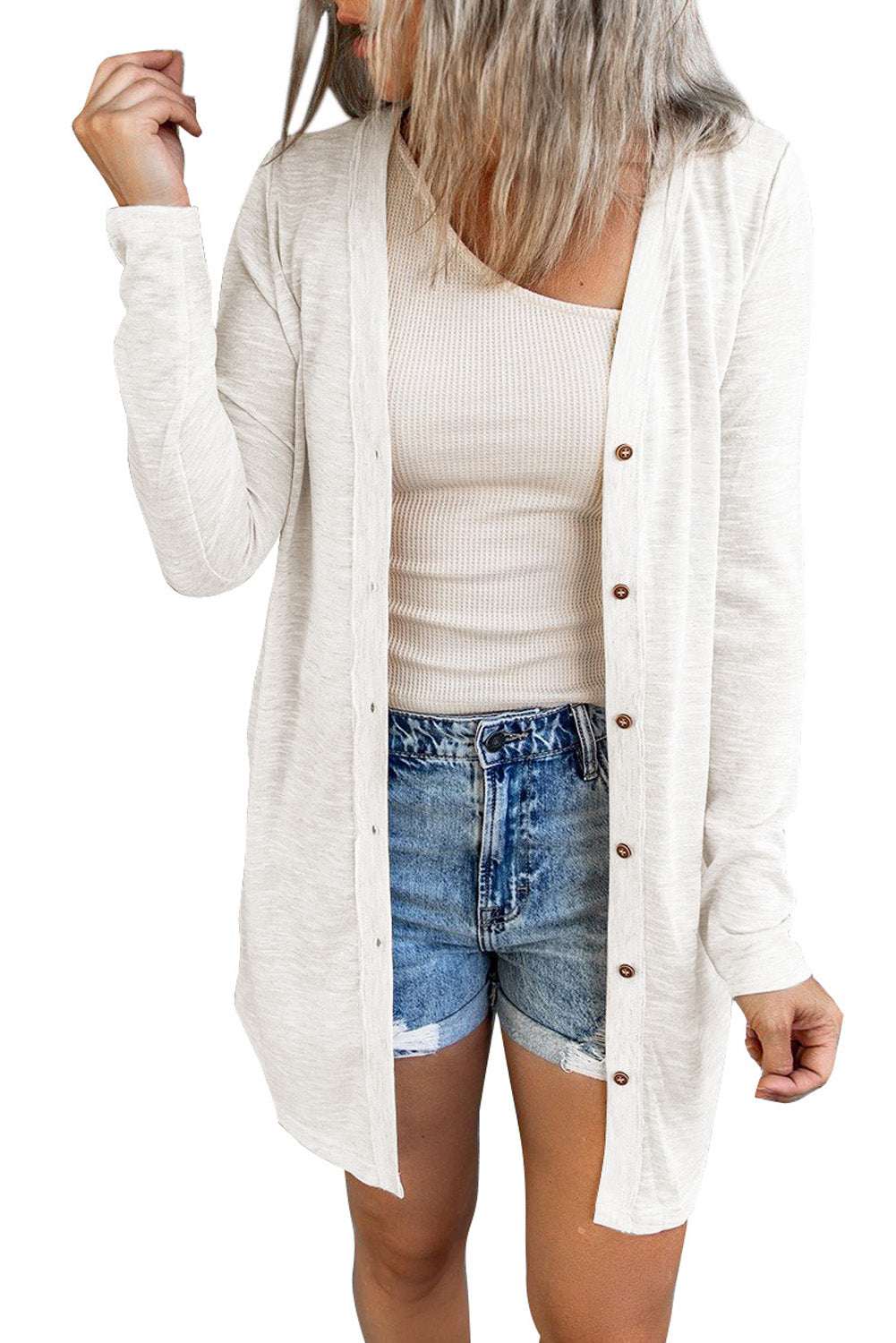 White Solid Button Up V Neck Long Cover Up 