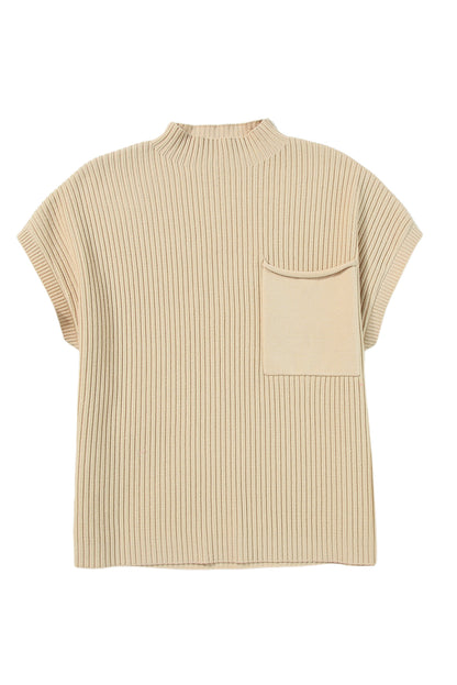 Pink Patch Pocket Ribbed Knit Short Sleeve Sweater 