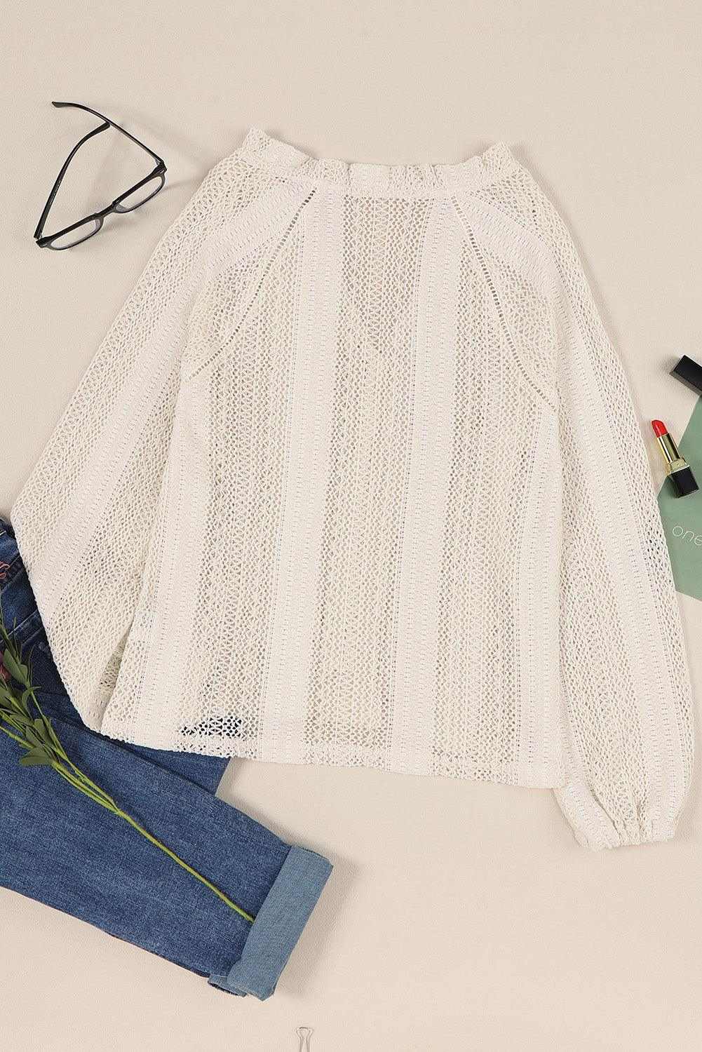 White Notch Neck Button Down Raglan Sleeve Crochet Top 