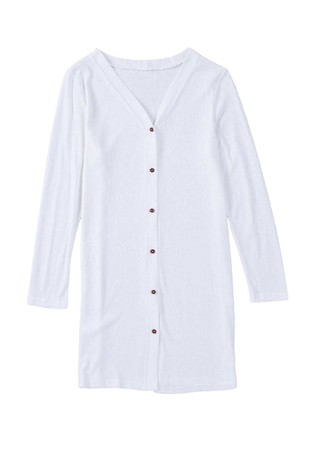 White Solid Button Up V Neck Long Cover Up 