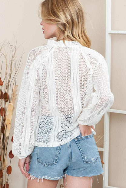 White Notch Neck Button Down Raglan Sleeve Crochet Top 