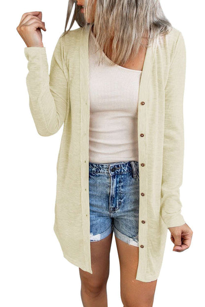 White Solid Button Up V Neck Long Cover Up 