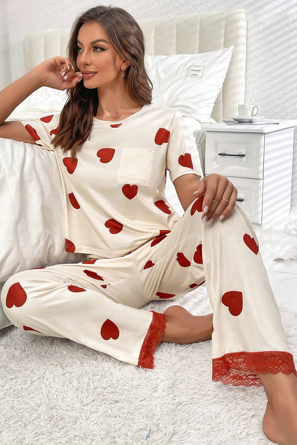 White Heart Print Tee and Lace Hem Pants Pajama Set
