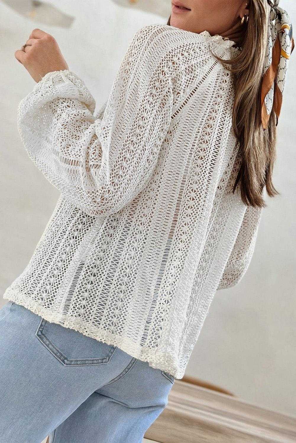 White Notch Neck Button Down Raglan Sleeve Crochet Top 