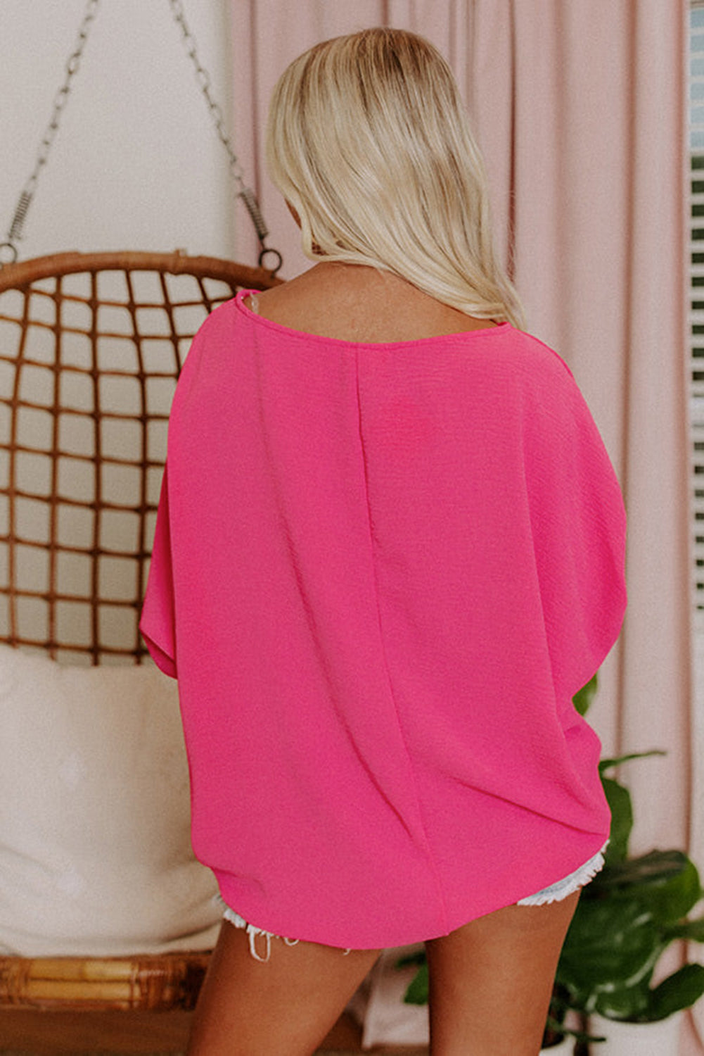 Pink Casual Shirred Cuffs Half Sleeve Blouse 