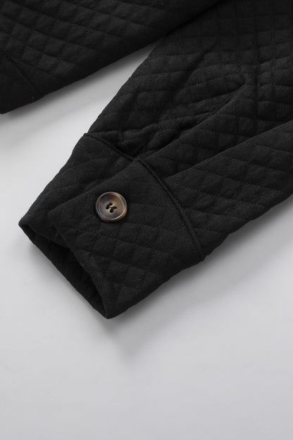 Black Lattice Texture Retro Flap Pocket Button Quilted Shacket 