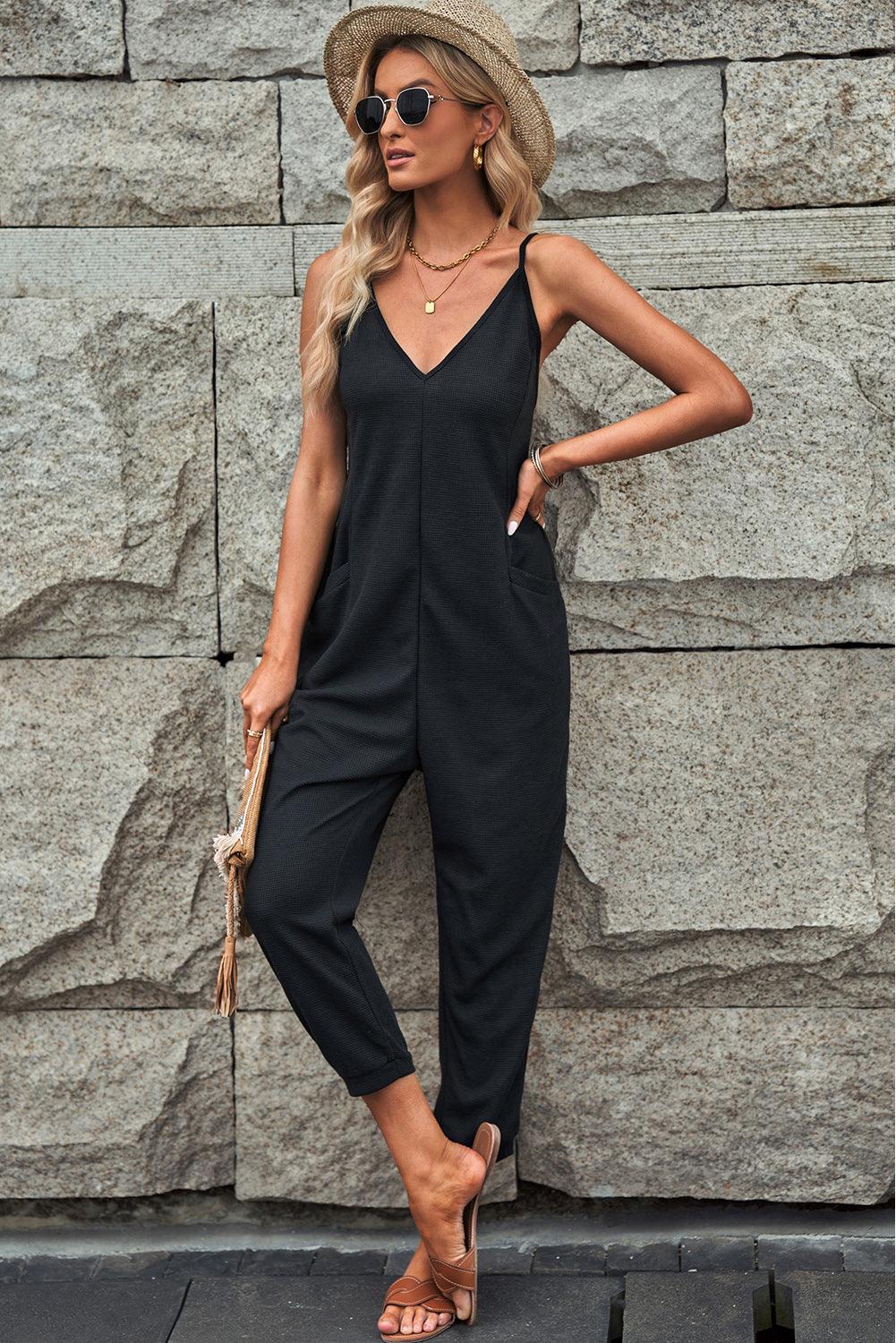 Blue Casual Textured Sleeveless V-Neck Pocketed Jumpsuit - Vesteeto