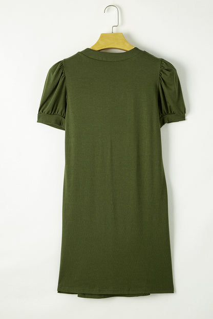 Fern Green Notched Neck Puff Sleeve Pleated T Shirt Dress 