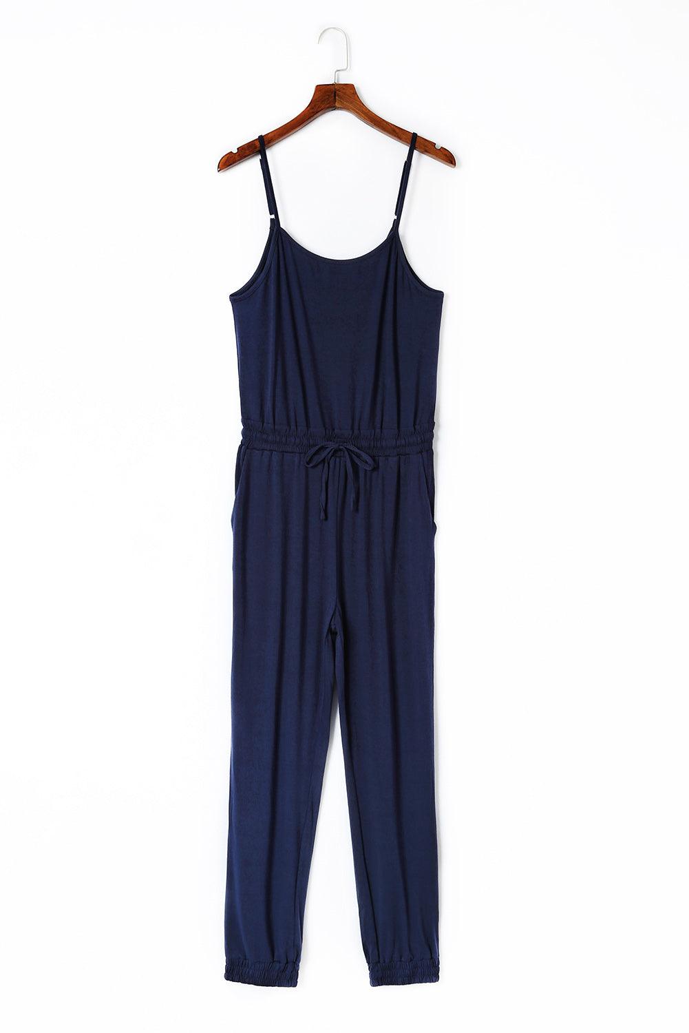 Dark Blue Pockets Drawstring Waist Spaghetti Strap Jumpsuit - Vesteeto