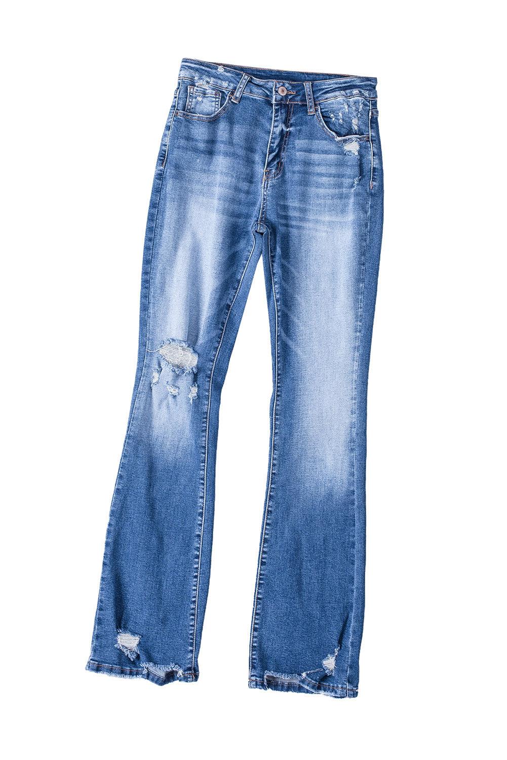 Dark Blue Ripped Raw Hem High Waist Flare Jeans - Vesteeto