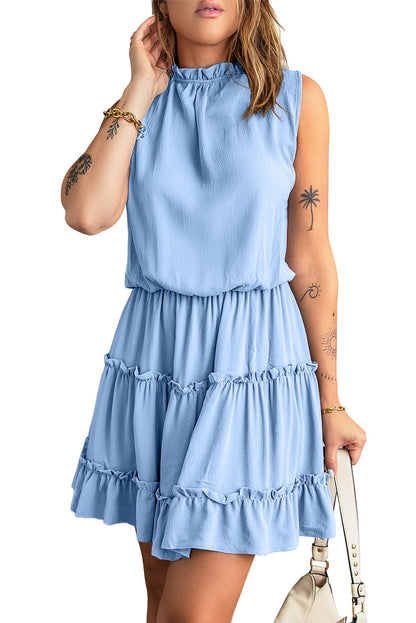 Blue Reversible Frill V Neck Sleeveless Swing Mini Dress 