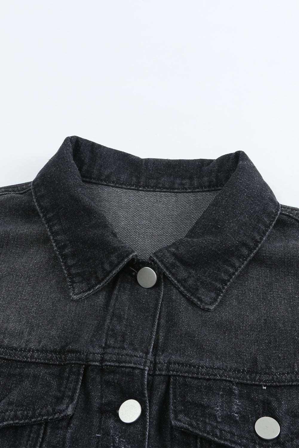 Black Casual Distressed Raw Hem Buttons Denim Jacket - Vesteeto